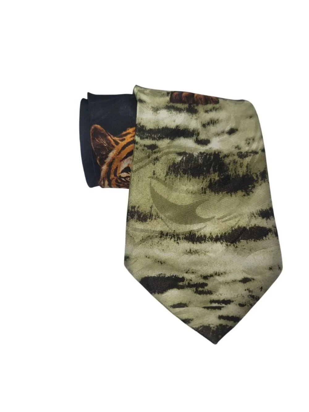 Tiger Print Silk Tie By Steven Harris Handmade Green & Black Pattern